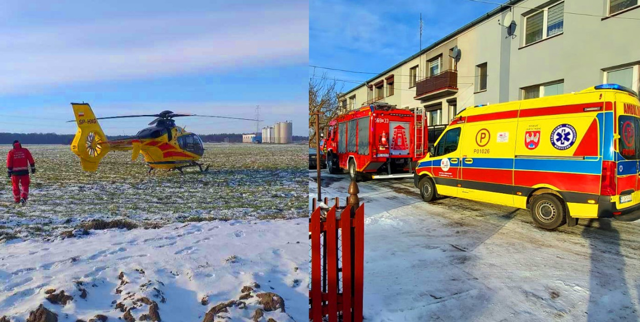Lądowanie śmigłowca w Dobrzycy i akcja służ ratowniczych 21 stycznia. Fot. OSP Dobrzyca