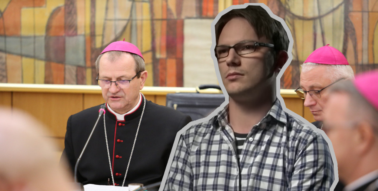 Abp.Tadeusz Wojda (z lewej) podczas posiedzenia rady Stałej KEP - fot. episkopat.pl / J. Pankowiak - YouTube, kadr z filmu "Zabawa w chowanego".