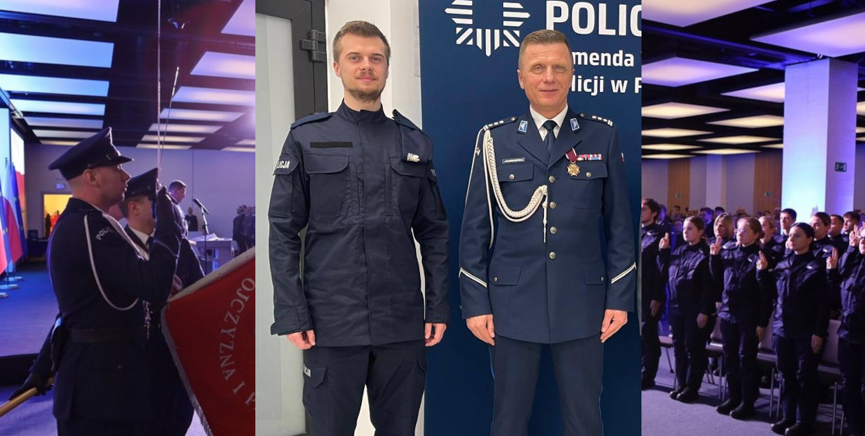 Nowy policjant KPP w Pleszewie w towarzystwie pleszewskiego komendanta 