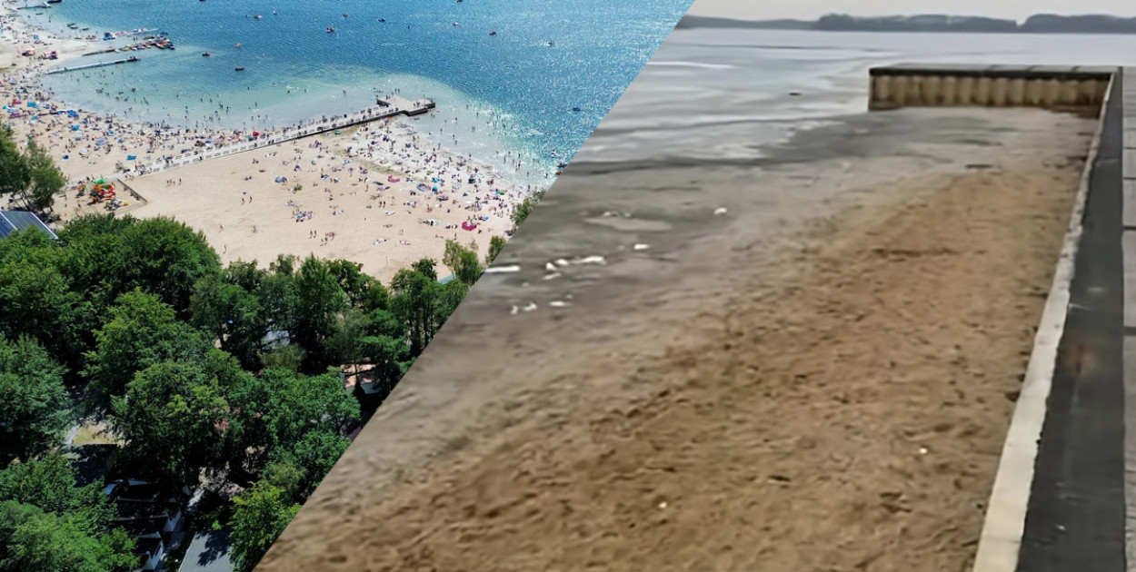 Wokół słynnego molo już nie ma wody (fot z prawej). Fot. Gmina Witkowo - plaża z góry / Tik Tok - sportzzpazurem.pl