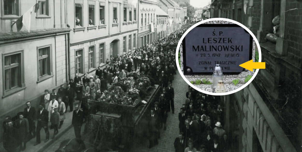 Uroczysty pogrzeb 15 ofiar zbrodni niemieckich z 1939 r. w Pleszewie (ul. Sienkiewicza), 27 maja 1945 r. (Źródło: Archiwum Instytutu Pamięci Narodowej). 