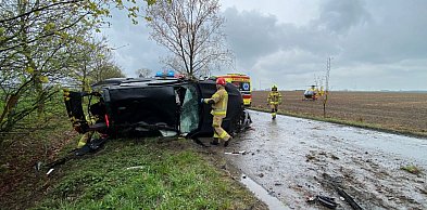 [Zdjęcia] Służby w akcji: strażacy, policja i LPR po wypadku na drodze powiatowej
