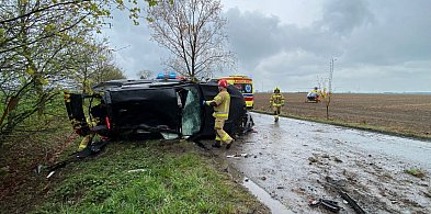 [Zdjęcia] Służby w akcji: strażacy, policja i LPR po wypadku na drodze powiatowej