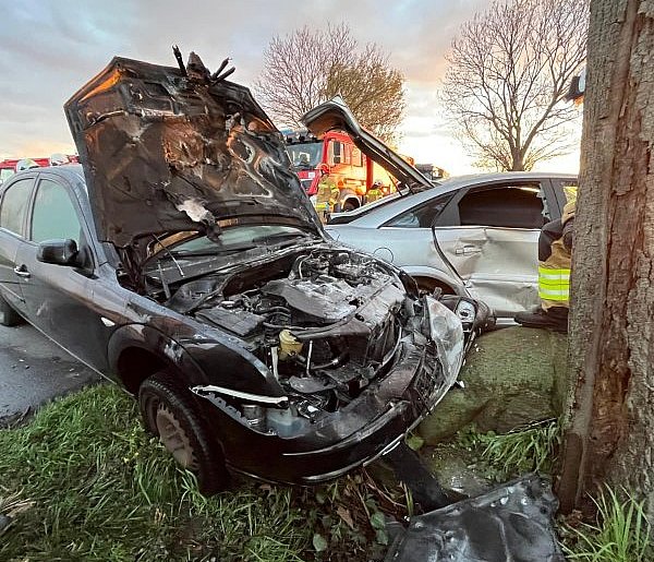 [Zdjęcia] Pod Gołuchowem zderzyły się dwa samochody. Jeden się zapalił!