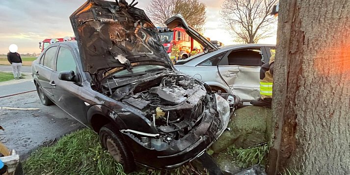 [Zdjęcia] Pod Gołuchowem zderzyły się dwa samochody. Jeden się zapalił!