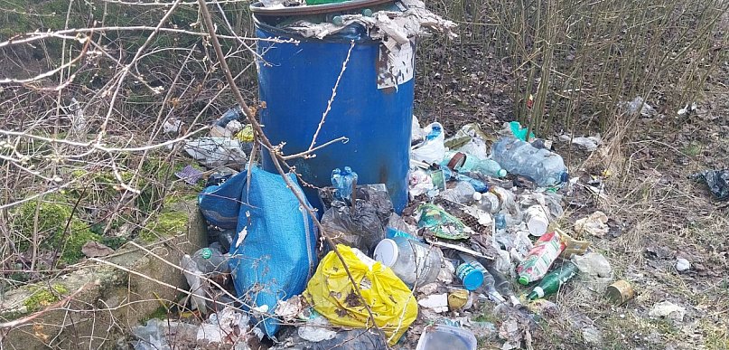 Kilogramy śmieci, w tym odpady remontowe, nad zalewem w Gołuchowie