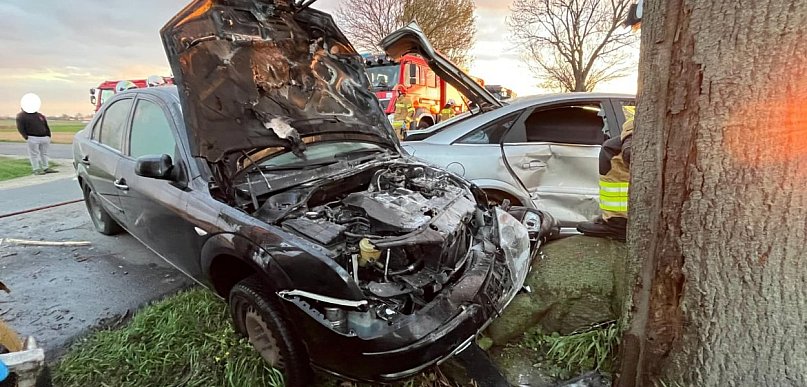 [Zdjęcia] Pod Gołuchowem zderzyły się dwa samochody. Jeden się zapalił!